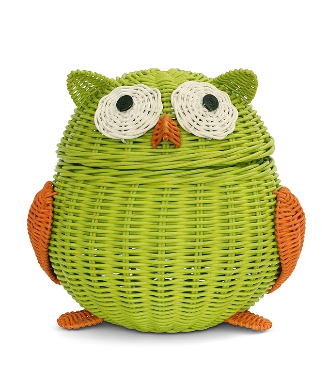 Owl Rattan Storage Basket With Lid Decorative Bin Home Decor Hand Woven Shelf Organizer Cute Handmade Handcrafted Nursery Gift Animal Decoration Artwork Wicker Hoot Owl Green