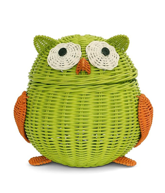 Owl Rattan Storage Basket With Lid Decorative Bin Home Decor Hand Woven Shelf Organizer Cute Handmade Handcrafted Nursery Gift Animal Decoration Artwork Wicker Hoot Owl Green