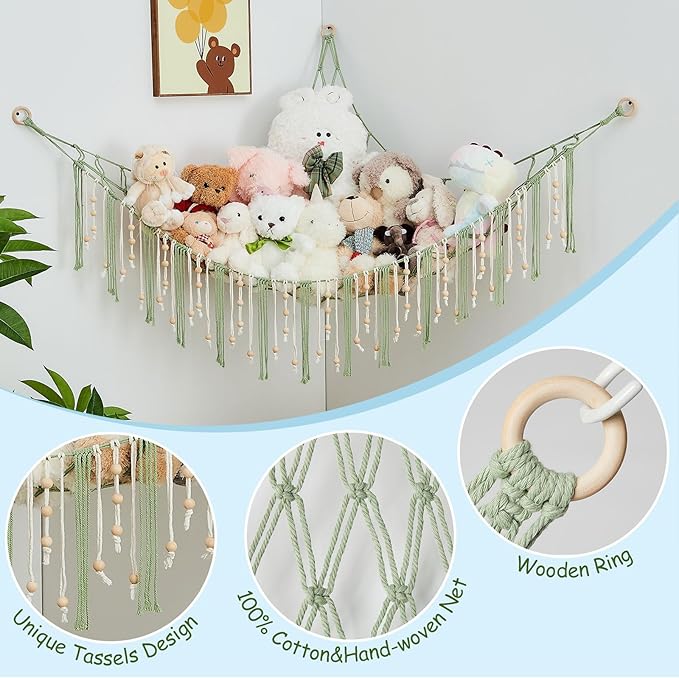 Pretty Jolly Stuffed Animal Storage Hammock with Wooden Beads Corner Hanging Net Boho Tassel for Toy Plush Holder for Kid Room Nursery Decor Wall Display Organizer for Girls Boy Gift(Sage Green)