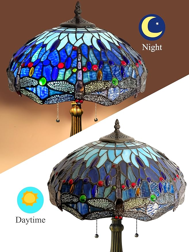 KY&BOSAM Tiffany Dragonfly Table Lamp Tiffany Style Table lamp Stained Glass Style Desk Lamps 24 Inch Tall Glass 16 Inch Wide Lamp Shade Beside Lamp 2 Bulb Antique Zinc Base for Home Bedroom Decor