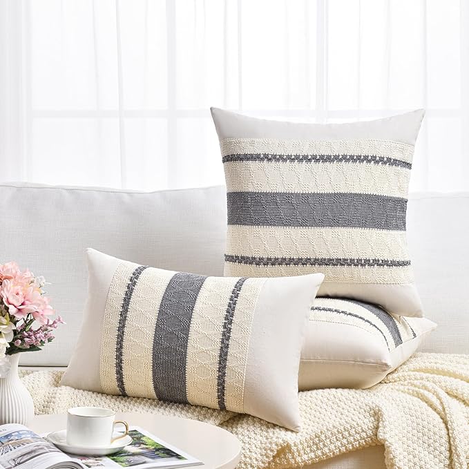 Fancy Homi Set of 2 Neutral Grey Farmhouse Decorative Throw Pillow Covers 20x20 Inch for Couch Bed Chair Indoors, Vintage Country Rustic Retro Room Decor, Soft Thick Cotton Handmade Woven Cushion Case