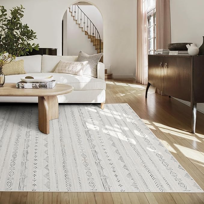 Deerly Large 8x10 Area Rugs for Living Room, Moroccan Rug 8x10 Boho Farmhouse Washable Rug with Non-Slip Backing, Neutral Morden Indoor Carpet for Bedroom Dining Room, Light Grey
