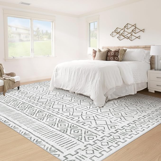 6x9 Area Rug Living Room: Washable Boho Geometric Moroccan Rug Neutral Modern Farmhouse Indoor Soft Non Slip Ultra Thin Printed Pattern Carpet for Dining Room Bedroom Nursery Home (BeigeBrown, 6'x9')