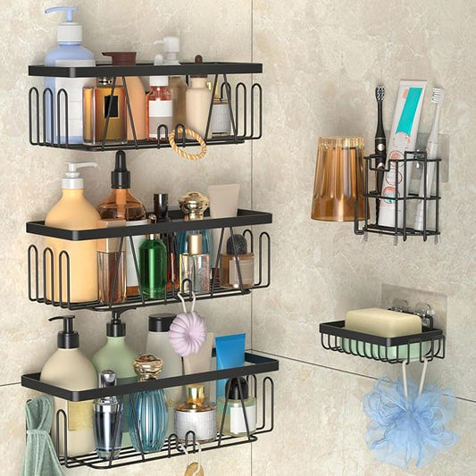 STEUGO Adhesive Shower Shelf - 5 Pack Drill-Free Shower Caddy with Soap and Toothbrush Holder, Rustproof Stainless Steel Black
