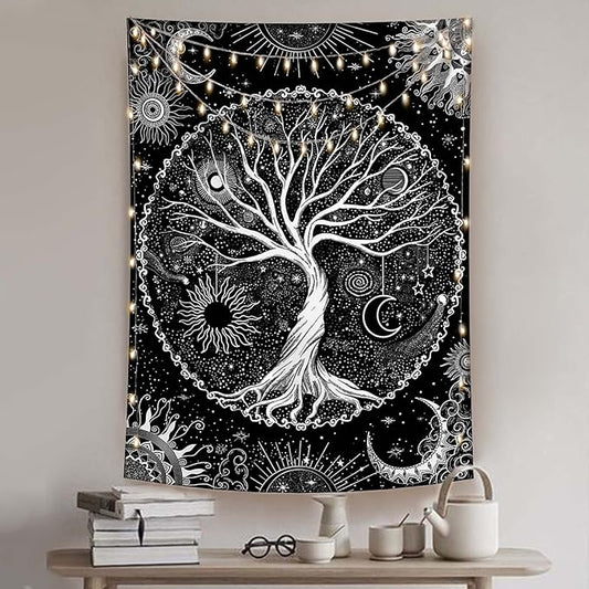 Lunerfex Tree of Life Tapestry Black and White Tapestry Mystical Sun and Moon Tapestries for Bedroom and Living Room Decor Black Tree 44×60 Inches