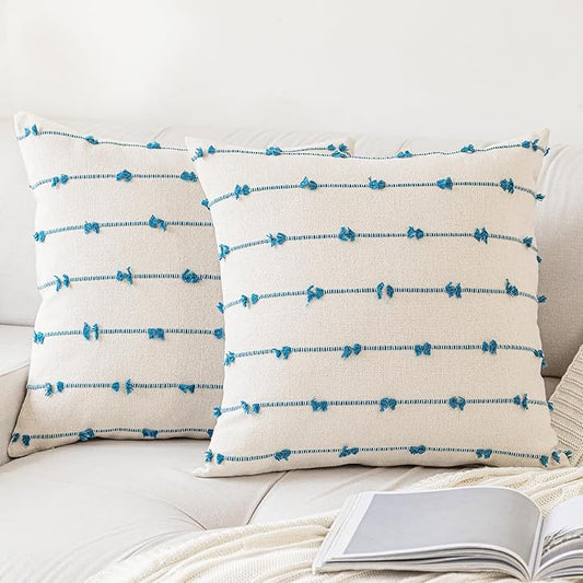 Boho Throw Pillow Covers 18x18 Set of 2 Modern Farmhouse Decorative Cushion Case Tufted Linen Square Pillows Cover Neutral Pillow Cases Accent Pillowcase for Sofa,Couch,Bed,Beige and Blue