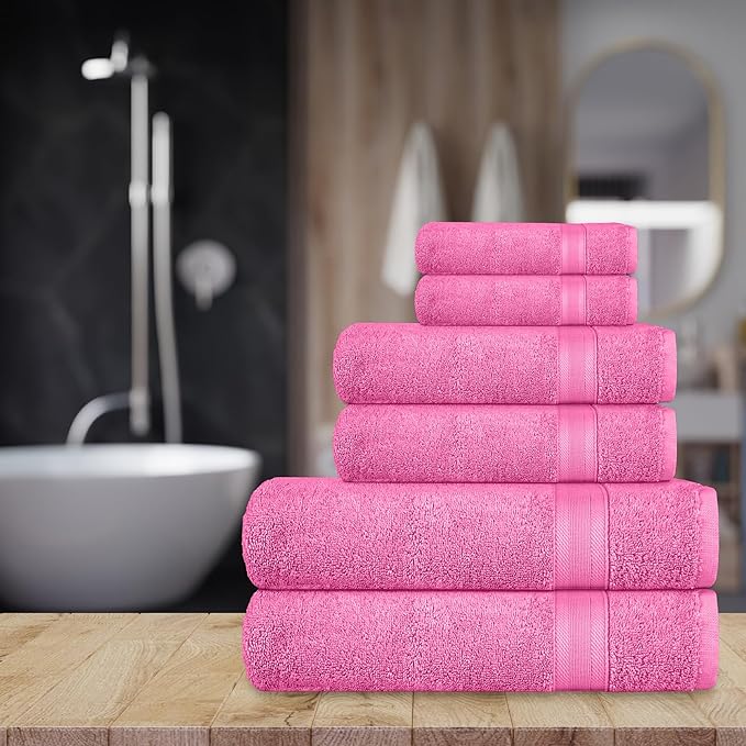 Quick-Dry, Soft & High Absorbent Bath Towels Cotton Turkish Bath Towel Set of 6 | Daily Use 100% Cotton Towels for Bathroom, Gym & More | Bathroom Towels Set (6 Pcs, Pink)