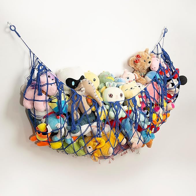 Large Stuffed Animal Storage Net or Hammock for Wall Mounted Macrame Stuffed Animal Display For Boho Nursery Baby Boy Playroom Toy Organizers Pet Net-Blue