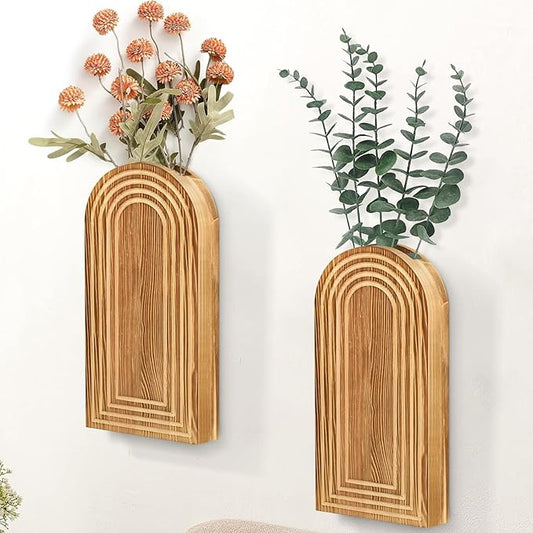 2 Pack Wall Decor Wood Planters for Indoor Plants, Modern Planter Bathroom, Living Room, Kitchen Decor, Farmhouse Vase Dried Flowers and Faux Greenery(Rustic Brown)