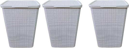 YBM Home Plastic Rattan Laundry Hamper Basket with Hinged Lid, Ventilation Holes, Durable, Lightweight Bin With Cutout Handles, Storage Dirty Clothes, Space Saver, 16.75" x 13.5" x 23.75",White,3-Pack