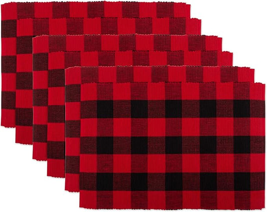 DII Buffalo Check Collection, Classic Farmhouse Placemat Set, 13x19, Red & Black, 6 Piece