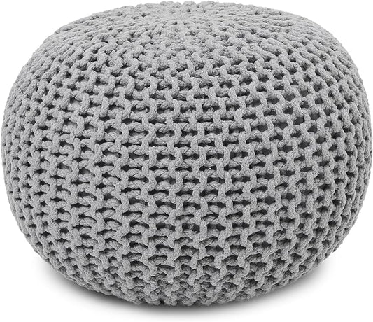 REDEARTH Round Boho Pouf Ottoman - Cable Knitted Cord Boho Pouffe - Stuffed Poof Accent Beanbag Footrest for Living Room - Nursery - Bedroom - Covered Patio - Study Nook (18”x18”x14”) - Gray-S