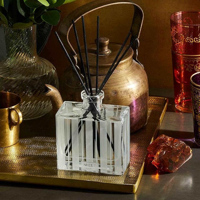 NEST New York Reed Diffuser, Moroccan Amber - 5.9 fl oz - Fragrance for Up to 90 Days - Reusable, Refillable Glass Holder - Includes 8 All-Natural Reed Sticks - Flame Free