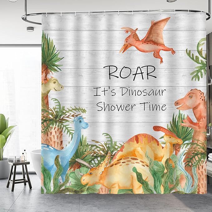 Aimego Cartoon Dinosaur Shower Curtain Yellow Cute Dino Animal Park Pattern Kids Shower Curtain Set with 12 Hooks for Bathroom Decor Accessories Bathtub Curtain, 72"x72"