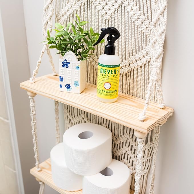SnugLife 2 Tier Macrame Wall Hanging Shelf with Woven Rope - Boho Pine Wood Shelves for Plants, Bathroom, Kitchen