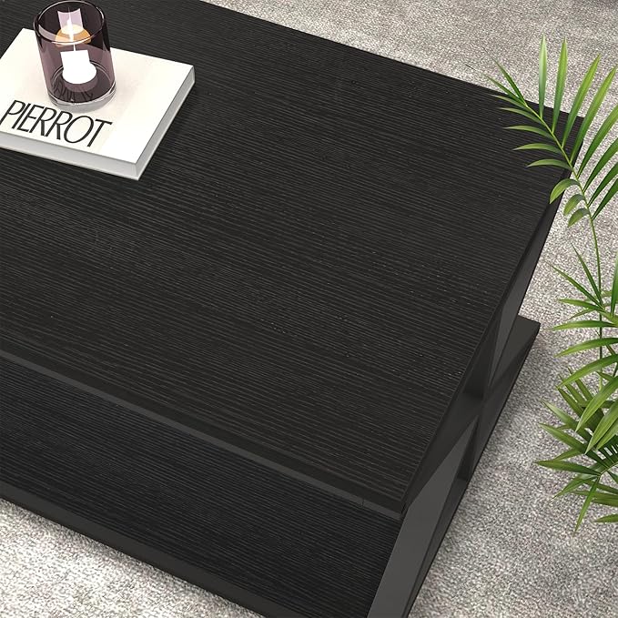 Modern Coffee Table with Storage, Farmhouse Living Room Table, Minimalist Rectangle Center Table, Industrial Vintage Wood Tea Table, 39 Inch, Black Oak