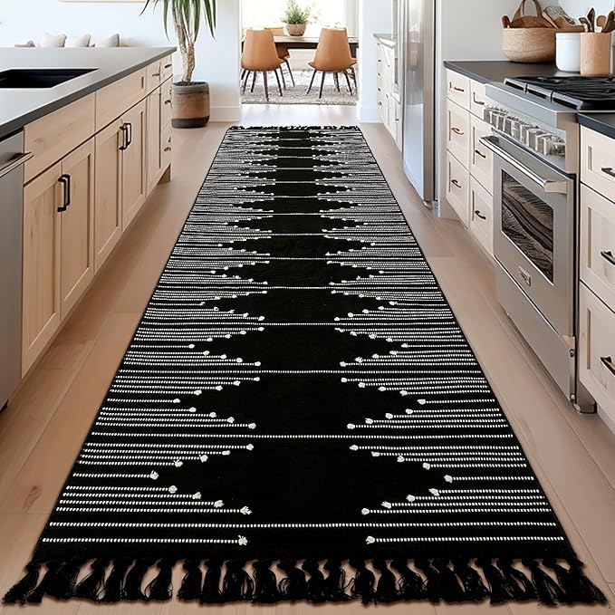 Tritard Boho Hallway Runner Rug 2x10 - Lightweight Washable Area Rug Farmhouse Aztec Cotton Long Thin Rugs with Tassels Kitchen Bathroom Woven Low Pile Carpet for Entryway, Bedroom, Black and White