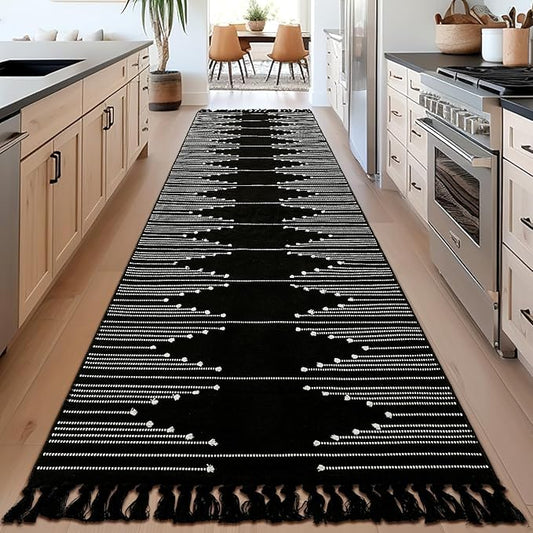 Tritard Boho Hallway Runner Rug 2x10 - Lightweight Washable Area Rug Farmhouse Aztec Cotton Long Thin Rugs with Tassels Kitchen Bathroom Woven Low Pile Carpet for Entryway, Bedroom, Black and White