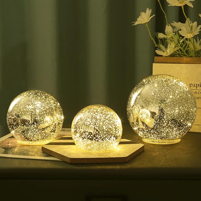 Lighted Mercury Glass Ball Table Lamp with Timer, Silver Cordless Orb Christmas Decor Ball Led Light Globe for Mother's Gift, Battery Operated Sphere Glass Night Light for Home Bedroom Indoor Décor