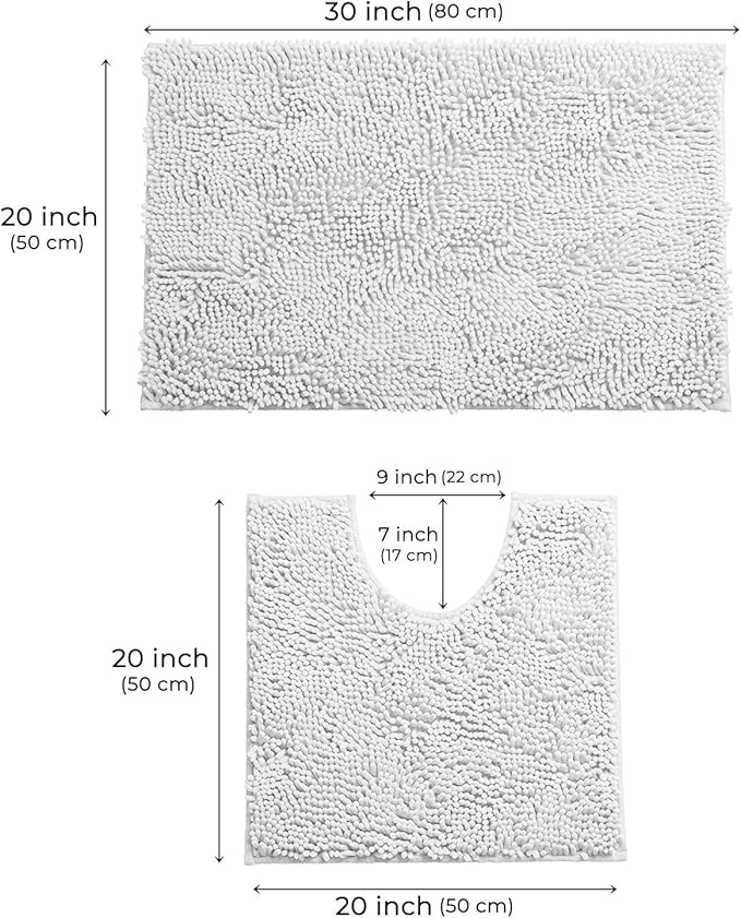LuxUrux Bathroom Rugs Sets 2 Piece: Quick Dry, Soft Plush Anti-Slip, Super Absorbent. Includes Rectangular (31x20 inches) & U-Shaped Toilet Mat (20x20 inches) | White