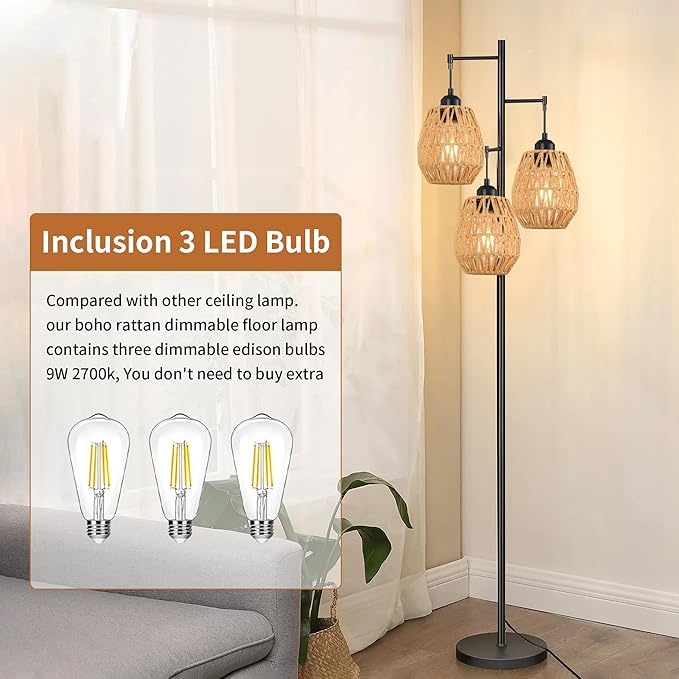 Boho Floor Lamp for Living Room,Industrial Rattan Floor Lamp with 3 Rattan Woven LampShade,Black Standing Lamp Rustic Tall Lamp Light Wicker Tree Floor Pole Lamp for Bedroom,Office,Corner