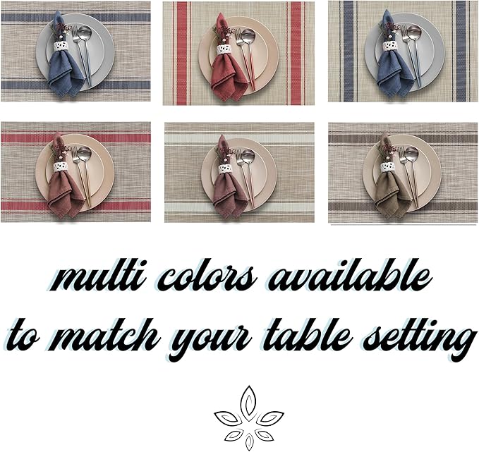 More Décor Dining Table Placemats, Washable Heat-Resistant PVC Vinyl Table Mats for Dining Room and Kitchen, Anti-Slip - Set of 6 - Horizontal Striped Blue - Grey