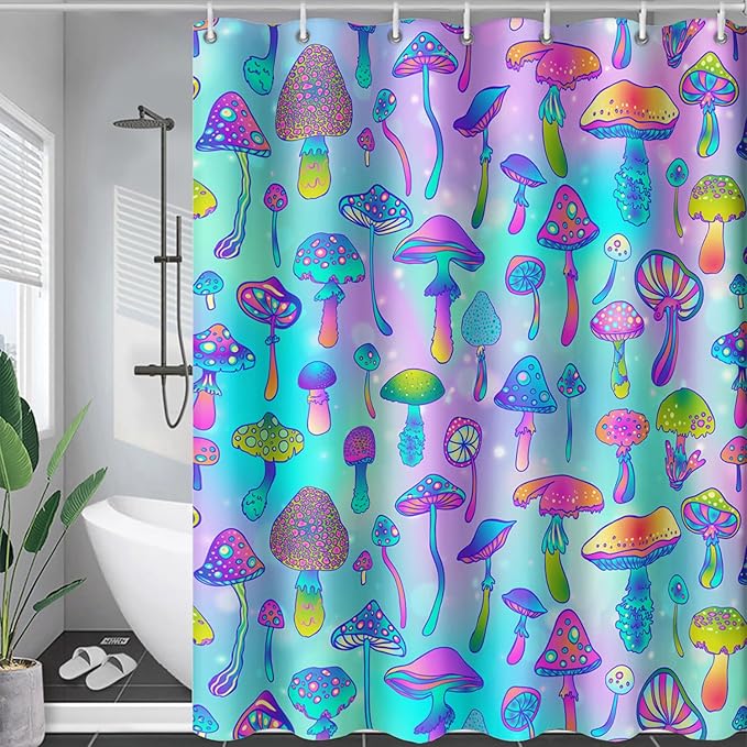 AILONEN Mushroom Shower Curtain for Bathroom,Blue Purple Mushroom Bath Curtain,Cute Cartoon Magic Fungus Decor Bathroom Curtain with 12 Plastic Hooks, 72" W x 72" H