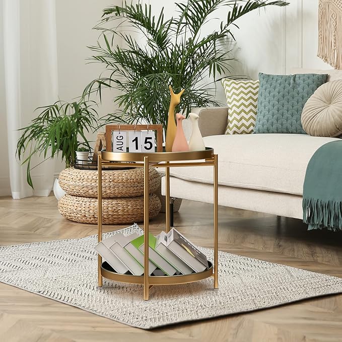 TeoKJ 2 Tier Gold Side Table, Folding Round Metal End Table Small Nightstand with Two Removable Tray for Bedroom Living Room Bedside Small Spaces Gold + Dark Green
