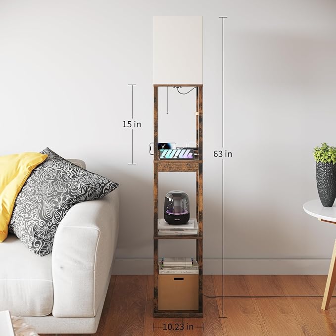 SUNMORY Floor Lamp with Shelves, Modern Dimmable Standing Lamp with Drawer & 2 USB Ports & 2 Power Outlet, Corner Tall Shelf Lamp for Living Room and Bedroom (Rustic Browm)