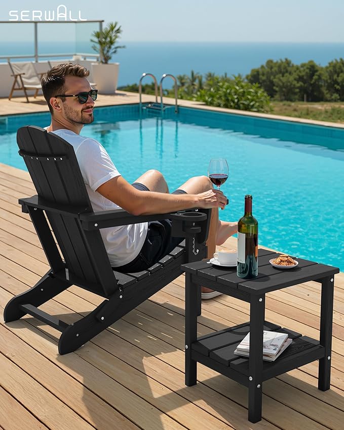 SERWALL 2-Tier HDPE Outdoor Side Table, Weatherproof Rectangular Adirondack Side Table, Black