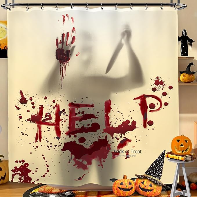 Halloween Horror Scary Shower Curtain 60Wx72L Inch Help Me Blood Silhouette Funny Spooky Holiday Bathroom Set Accessories Decor with 12 Pack Hooks