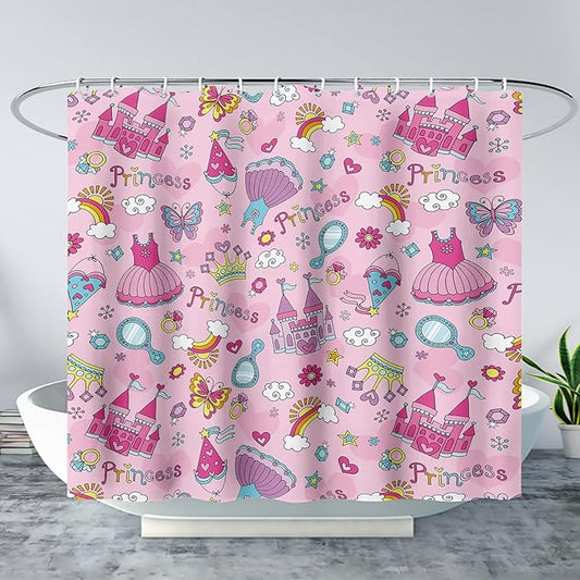 AILONEN Princess Dress Shower Curtain,Cartoon Sparkling Star Diamond Waterproof Shower Curtain Set for Girls Kids Teens, 72" W*96" H Pink Castle Jewelry Shower Curtain for Bathroom