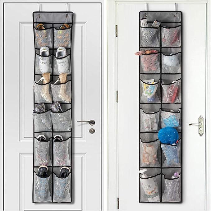 KEEPJOY Over The Door Shoe Organizer 2 Pack,Mesh Pockets Hanging Shoe Rack Over The Door,Shoe Storage Closet with 4 Hooks,Washable and Breathable Fabic,Large Size 57.5×12.6inch(Grey)