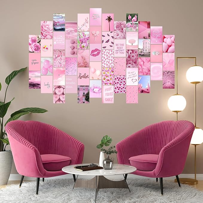 WOONKIT Pink Aesthetic Pictures, Collage Kit for Wall, Pink Room Wall Bedroom Dorm Decor, Room Decor for Teen Girls, Trendy 50pcs 4x6 inch