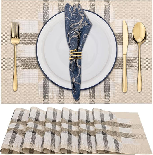 Winknowl Placemats Set of 6, Heat Resistant Stain Resistant Woven Vinyl Insulation Place mats, Durable Washable Elegant Table Mats for Kitchen Dining Table Decor (Geometric Beige)