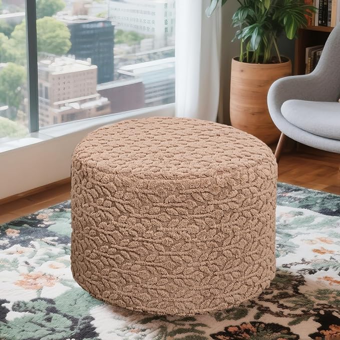 Round Pouf Ottoman Stuffed 20 x 20 x 14 Inches Boho Poof Foot Stool Home Decor Floor Pouffe Ottoman Foot Rest for Couch Sofa Bean Bag Chairs Living Room Bedroom (Brown)