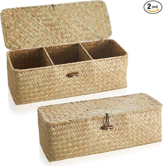 Cunhill 2 Pieces Seagrass Baskets with Lid Toilet Paper Basket with Lid Rectangular Hand Woven Wicker Bin Storage Box for Toilet Dresser Shelves Organizing(12.6 x 4.72 x 4.33 Inches,Natural Color)