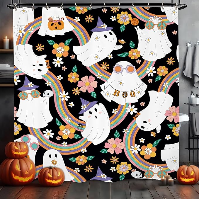 Halloween 70s Ghost Funny Shower Curtain 60Wx72L Inch 70s Groovy Funky Trendy Hippie Cute Horror Spooky Scary Rainbow Bathroom Set Accessories Decor with 12 Pack Hooks