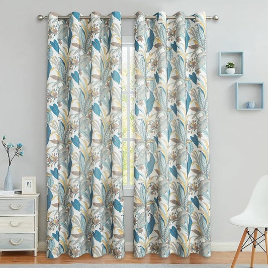 Leeva Printed Window Curtain Set of 2, Lake Blue Leaves Pattern Window Treatment for Living Room, Grommet Room Darkening Curtains 63 Inches Long, 52 x 63