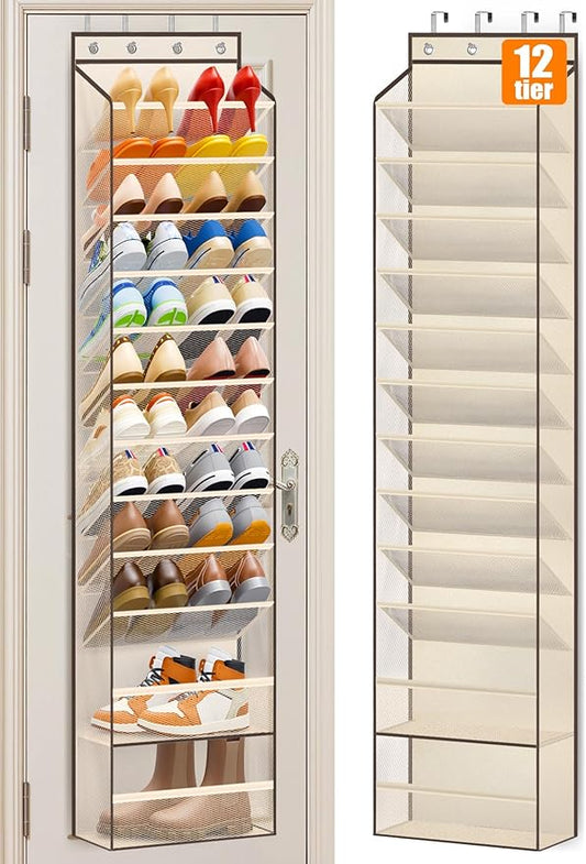 MISSLO 12 Tier Over the Door Shoe Organizer Breathable Mesh Hanging Shoe Rack for Closet Storage Shoe Holder for Door Fit 24 Pairs Sandals, Heels, Boots (Beige)
