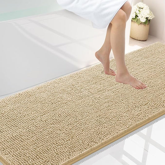 Smiry Luxury Chenille Bathroom Rugs 70x24, Extra Soft and Absorbent Shaggy Bath Mat, Machine Washable, Non-Slip Plush Carpet Runner for Tub, Shower, and Floor, Home Decor Accessories, Beige