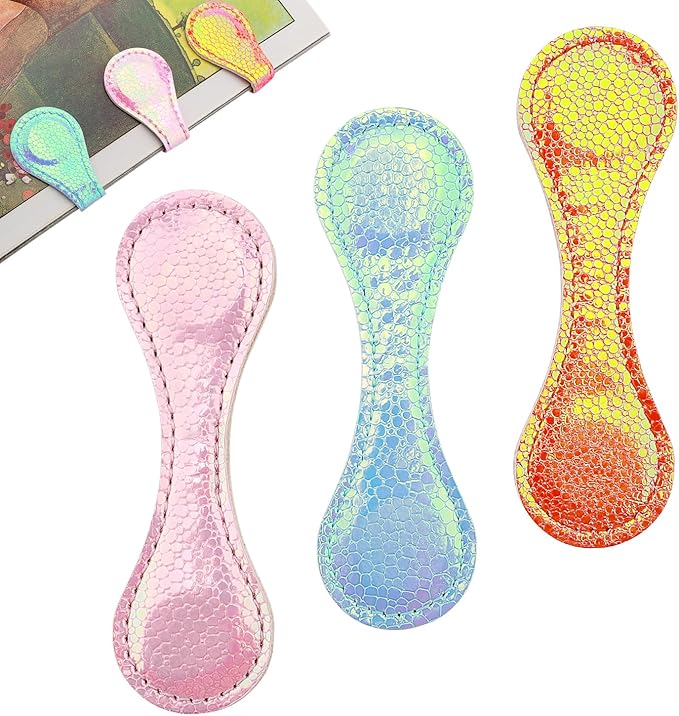 3Pcs Magnetic Bookmarks, Sequins Leather, Double-Sided Magnetic, Pink+Orange+Blue