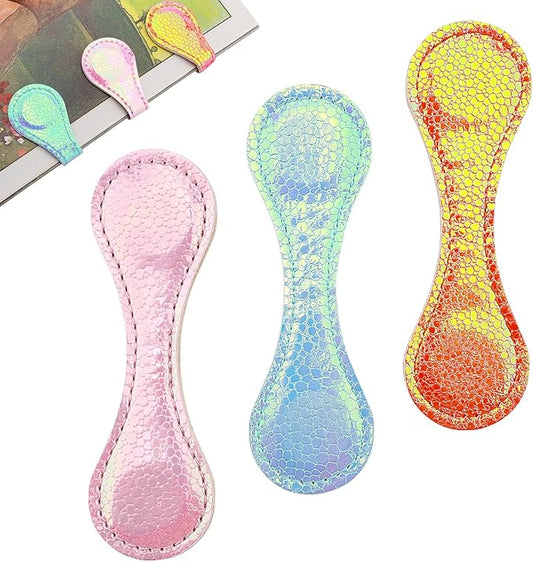3Pcs Magnetic Bookmarks, Sequins Leather, Double-Sided Magnetic, Pink+Orange+Blue