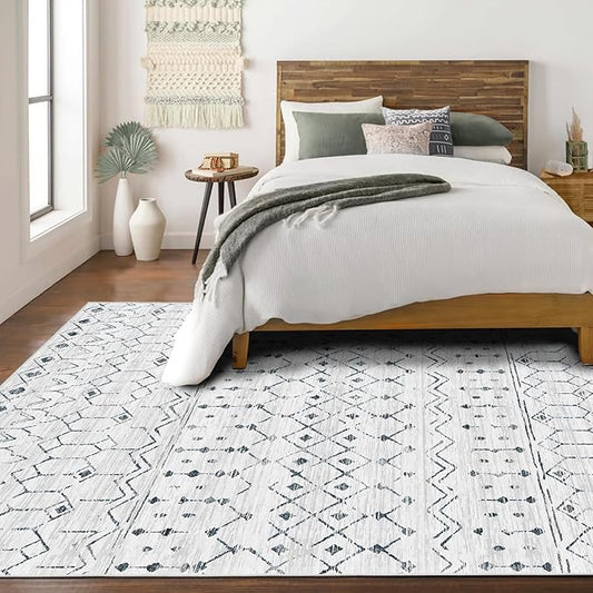 Deerly Living Room 8 x 10 Rug, Boho Moroccan Farmhouse Washable Distressed Area Rug with Non-Slip Backing, Large Soft Neutral Morden Indoor Carpet for Bedroom Dining Room, White/Dark Grey