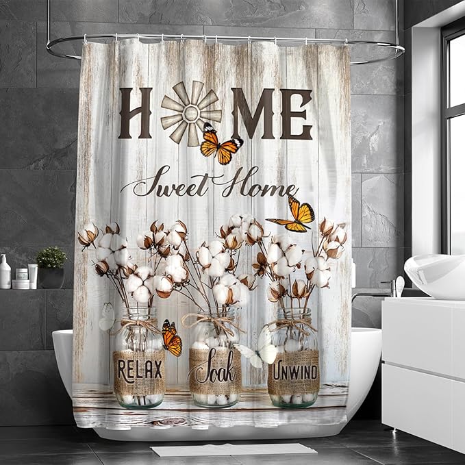 Rustic Farmhouse Shower Curtain Cotton Flowers Shower Curtains for Bathroom Decor Waterproof Polyester Fabric Relax Soak Unwind Floral Bathroom Curtain with Hooks 72x72 Inch