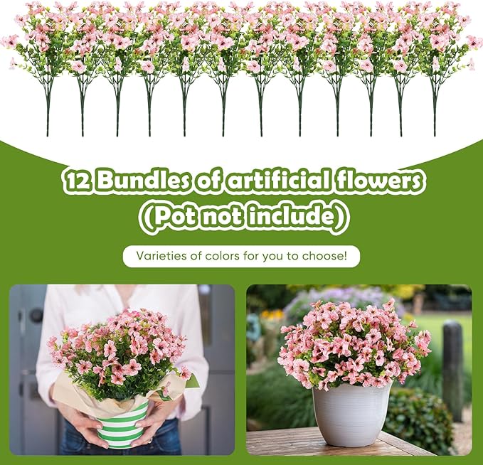 Artificial Flowers for Outdoors, 12 Bundles Artificial Plants & Flowers Outdoor, UV Resistant Faux Flowers Silk Fake Flower for Outside Porch Pot Window Garden Planter Decoration (Pink)
