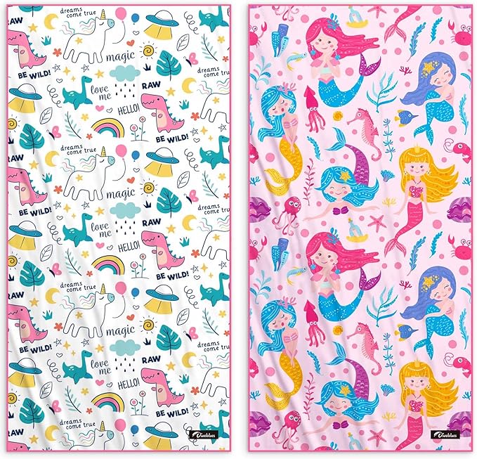 Kids Beach Towels 2 Pack 60''x30'', Quick Dry, Sand Free, Compact, Lightweight, Absorbent, Girls & Boys Large Microfiber Towels Gifts for Pool, Swim, Cruise Essentials