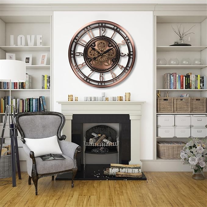 CLXEAST 28 Inch Oversized Large Moving Gear Wall Clock for Living Room Decor,Modern Farmhouse Decorative Wall Clocks Battery Operated,Rose Gold,House Warming Gifts New Home