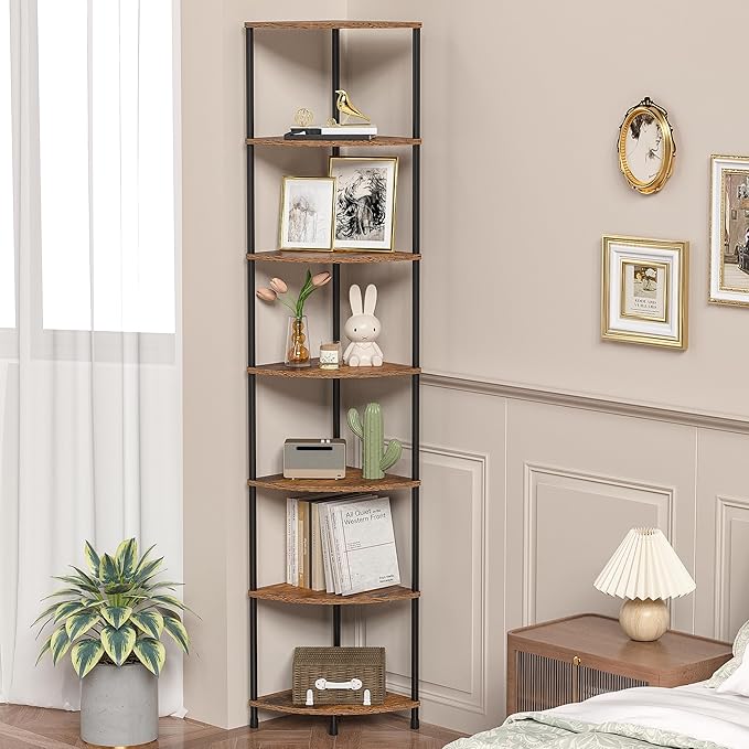 Corner Plant Stand Shelf, 7 Tier Tall Plant Stand for Indoor Plants, Rustic Brown Corner Book Wall Decor Living Room, 64.7" Display Shelf for Bedroom, Bathroom, Small Space