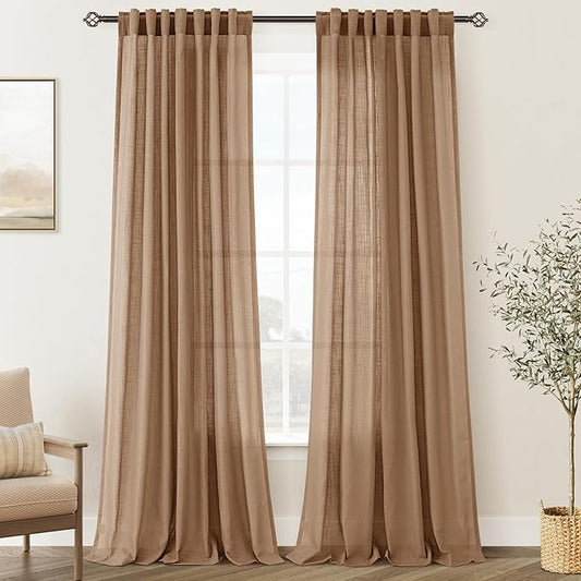 Brown Curtains for Living Room Back Tab Modern Farmhouse Semi Sheer Curtains 84 inches Long 2 Panels Set Muted Neutral Window Curtain for Dining Room Bedroom 52x84